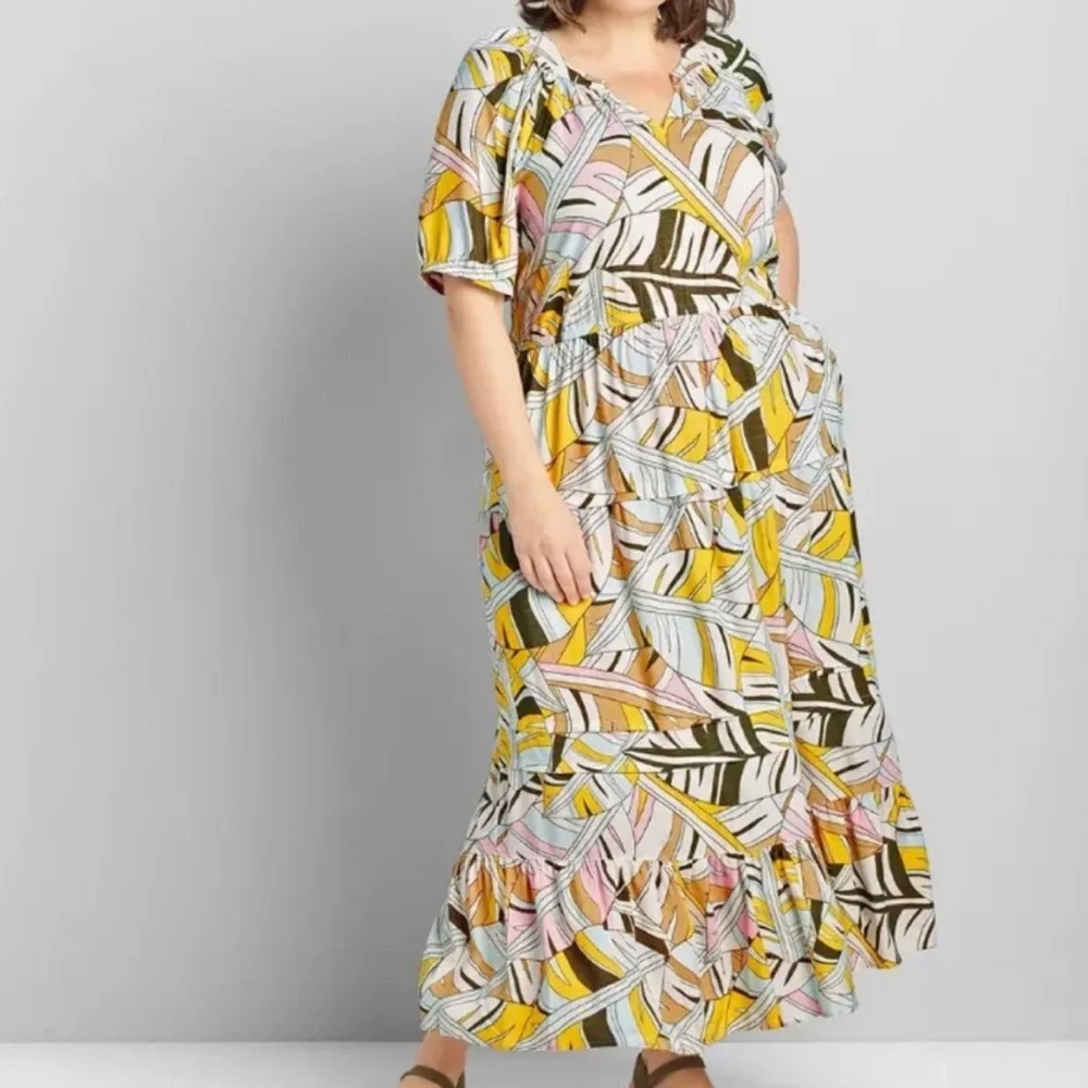 Lane Bryant Tropical Leaf Print Maxi Dress in Yellow, Pink, Olive, White